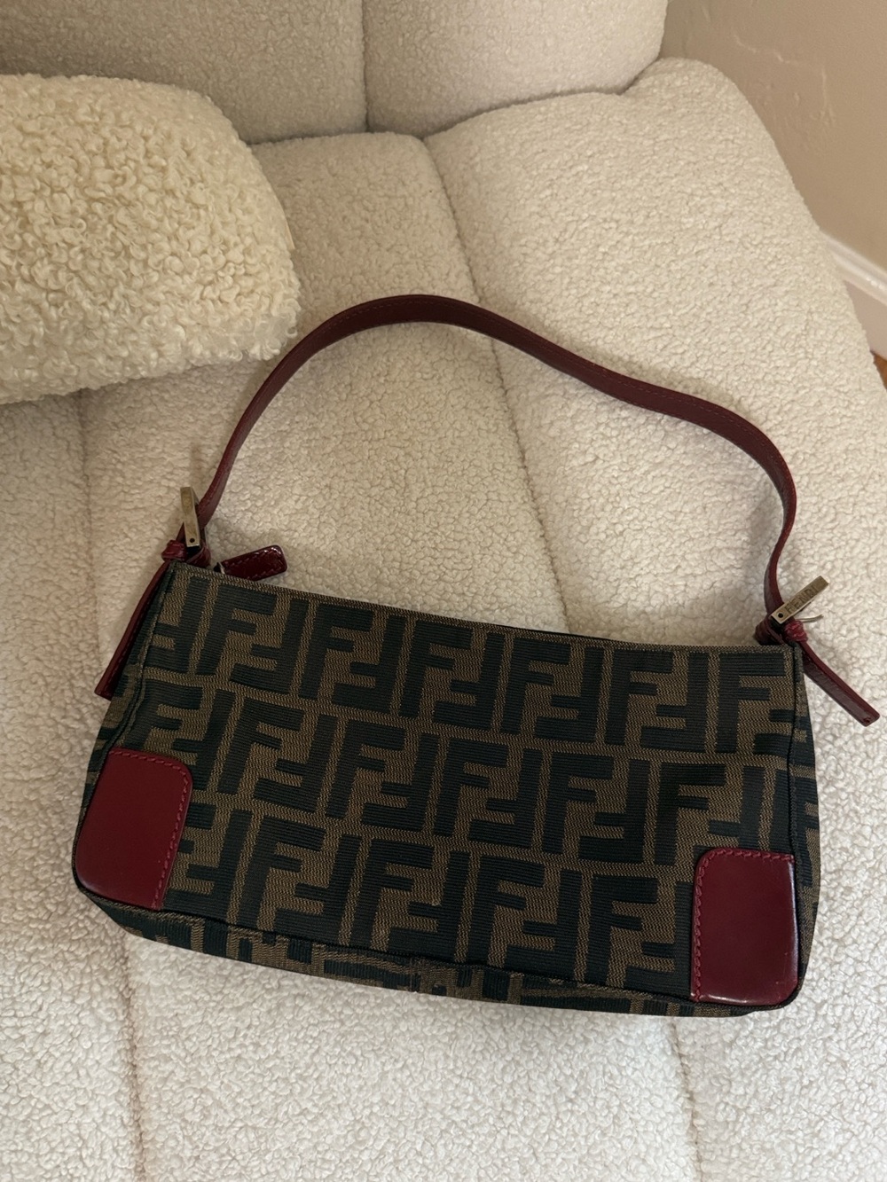 Fendi Zucca FF Monogram Pochette Canvas & Leather Burgundy Shoulder Baguette Bag - Picture 3 of 8